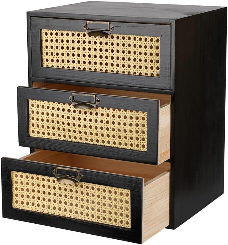 Large Wooden Storage Box with Rattan Drawers - Apothecary Style Boho Cabinet (LARGE BLACK)