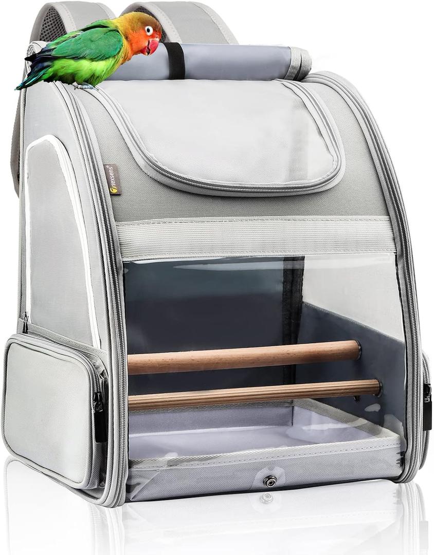 Texsens Bird Carrier Backpack - Pet Travel Cage with Upgraded Tray and Standing Perches, Breathable & Portable, for Small Birds, Green Cheek, Cockatiel, Parrot (Grey) (Light Gray)