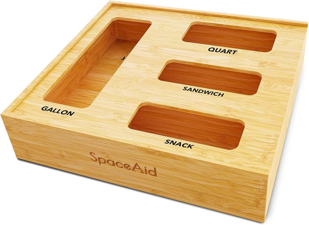 SpaceAid Bag Storage Organizer for Kitchen Drawer, Bamboo Organizer, Compatible with Gallon, Quart, Sandwich and Snack Variety Size Bag (1 Box 4 Slots), 2.5" High