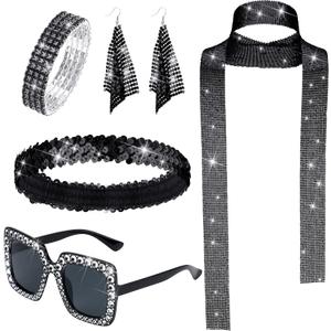 Sasylvia 5 Pcs 70s Disco Accessories Halloween Women Costume Jewelry Sequin Scarf Earrings Sunglasses Bracelet Headband (Black)