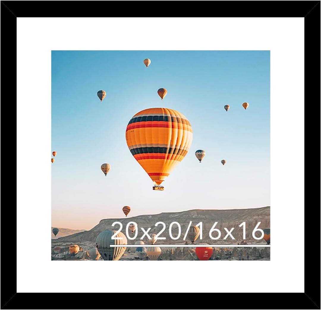 20x20 Picture Frame Black with 16x16 Mat, Display Photo 16x16 with Mat or 20 x 20 Without Mat, Wall Hanging Large 20x20 Poster Frame with Shatter Resistant Plexiglass, Black