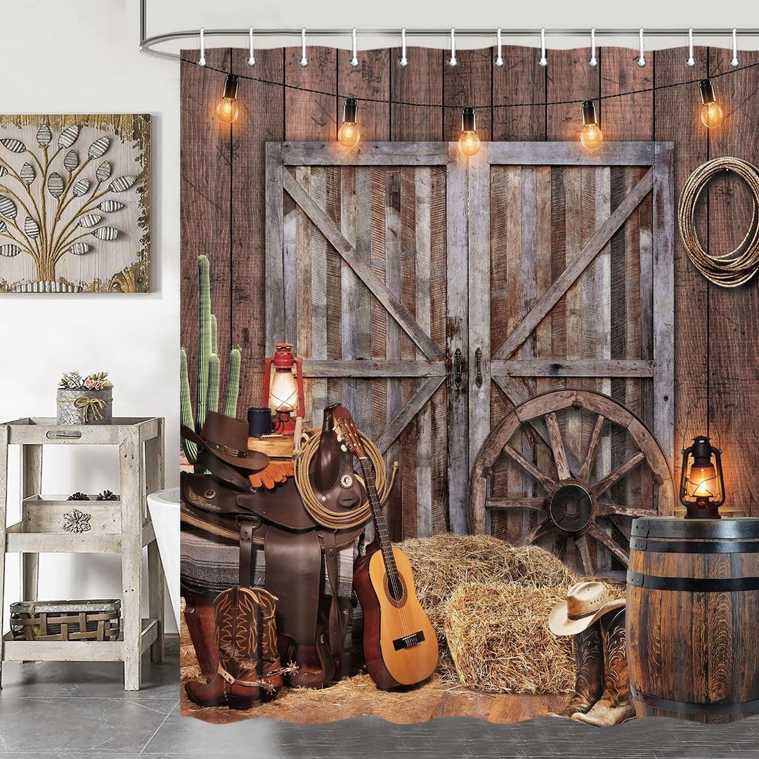 Rustic Barn Door Shower Curtain Set, Western Cowboy Shower Curtains, Farmhouse Country Cactus Shower Curtains for Bathroom, Farm Wooden Vintage Fabric Bathtub Decor Accessories with Hooks, 54X70IN