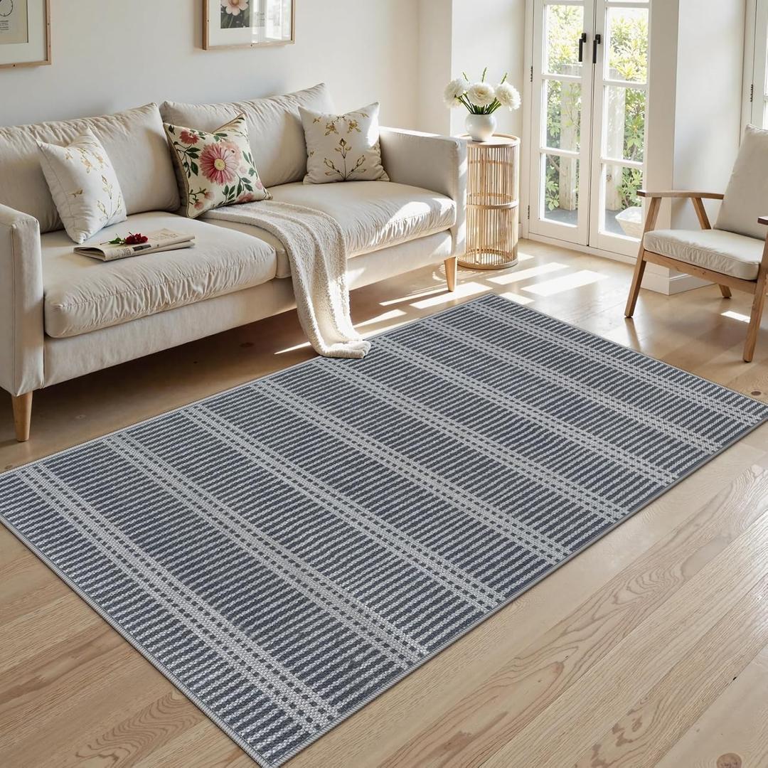 LIVEBOX Easy Jute Indoor Outdoor Rug 3x5 Front Porch, Washable Outdoor Rugs for Entryway, Gray Striped Geometri Rug for Living Room, Non Slip Carpet Door Mat for Entry Front Door, Kitchen, Bedroom