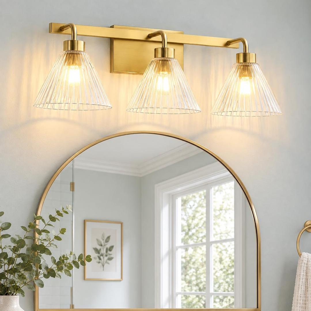 AIJIASI Modern Bathroom Vanity Light 3-Light Brushed Gold Bathroom Light Fixtures with Ribbed Glass Shade 24 Inch Up/Down Mount Vanity Lighting Fixtures Over Mirror for Bath Bedroom Makeup