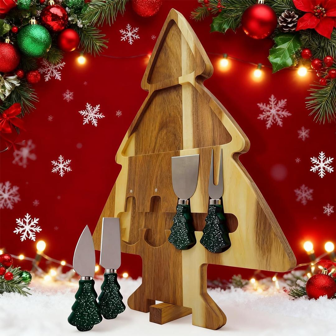 17.3'' Xmas Tree Charcuterie Board Set  Dual-Side Acacia Wood Serving Tray & Cutting Board with 4 Magnetic Knives, Rotating Base  Festive Cheese Platter for Christmas Snacks, Hostess Gift