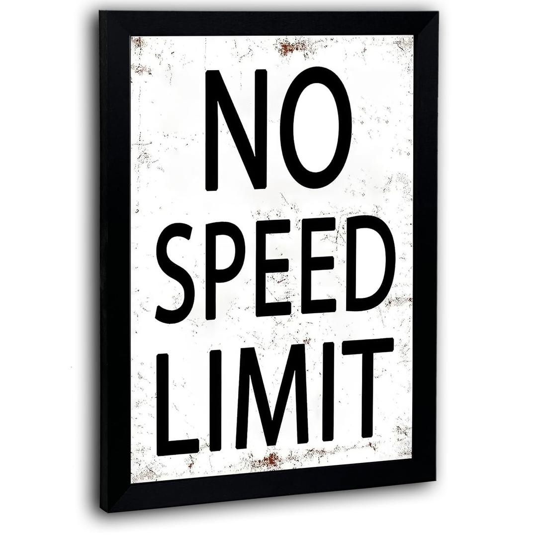 QIYFFBN Black Wood Framed Car Wall Art No Speed Limit Retro Racing Canvas Sign Wall Decor Vintage Man Cave Race Picture Print for Teen Boys Room Garage Nursery Bedroom Painting(16x24in)