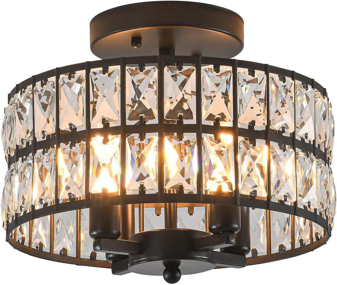 SeeU Modern Crystal Chandelier Black Flush Mount Pendant Lighting 12.6'' Ceiling Light Fixture for Bathroom Bedroom Hallway