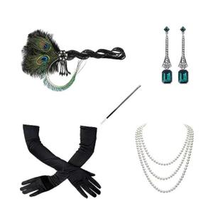1920s Flapper Accessories Set for Women, Roaring 20s Great Gatsby Feather Headband Accessories for Weeding Bride Green