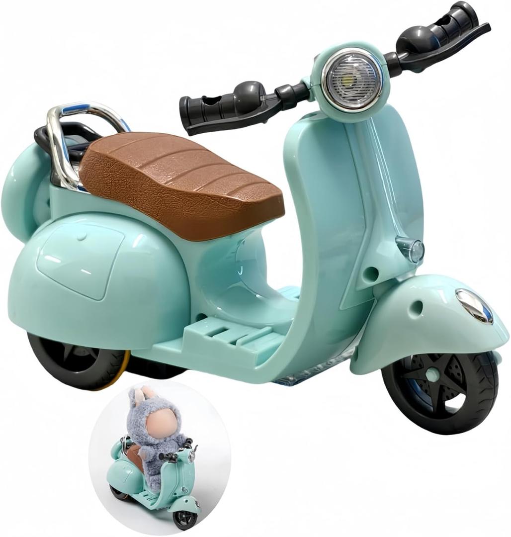 Motorcycles Scooter Toy Doll - with Light and Music, Cute Have a Seat Accessories, Interactive Rotating Decor Desktop Ornaments for Collectors (Blue)
