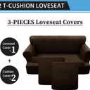3-Pieces T Cushion Loveseat Slipcovers Leather Look Couch Cover Loveseat Covers for 2 Cushion Couch Furniture Protector Stretch Sofa Cover with 2 Individual T Cushion Seat Covers, Coffee
