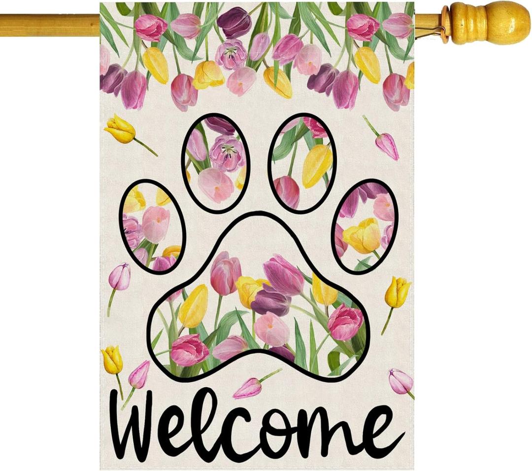 Welcome Dog Paw Tulips Spring Large House Flag Burlap 28X40 Inch Vertical Double Sided Outside Yard Holiday Outdoor Farmhouse Decoration