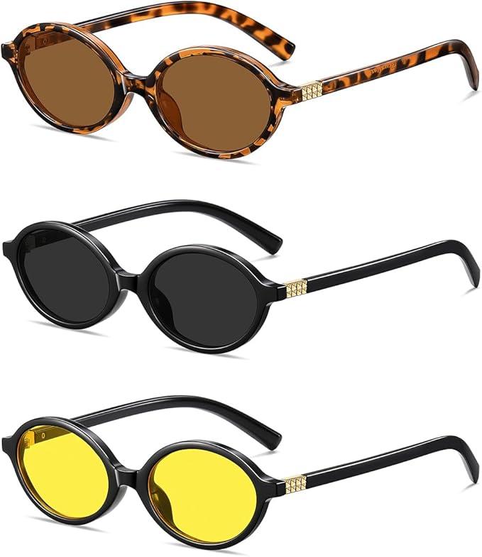 DUSHINE Retro Oval Trendy Sunglasses for Women Lightweight Narrow Shades UV protection Sun Glasses(3 Pack)