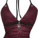 RoseSeek Women's Leopard Print Halter Tops Gothic Deep V Neck Sleeveless Music Festival Crop Top (Medium, Red)