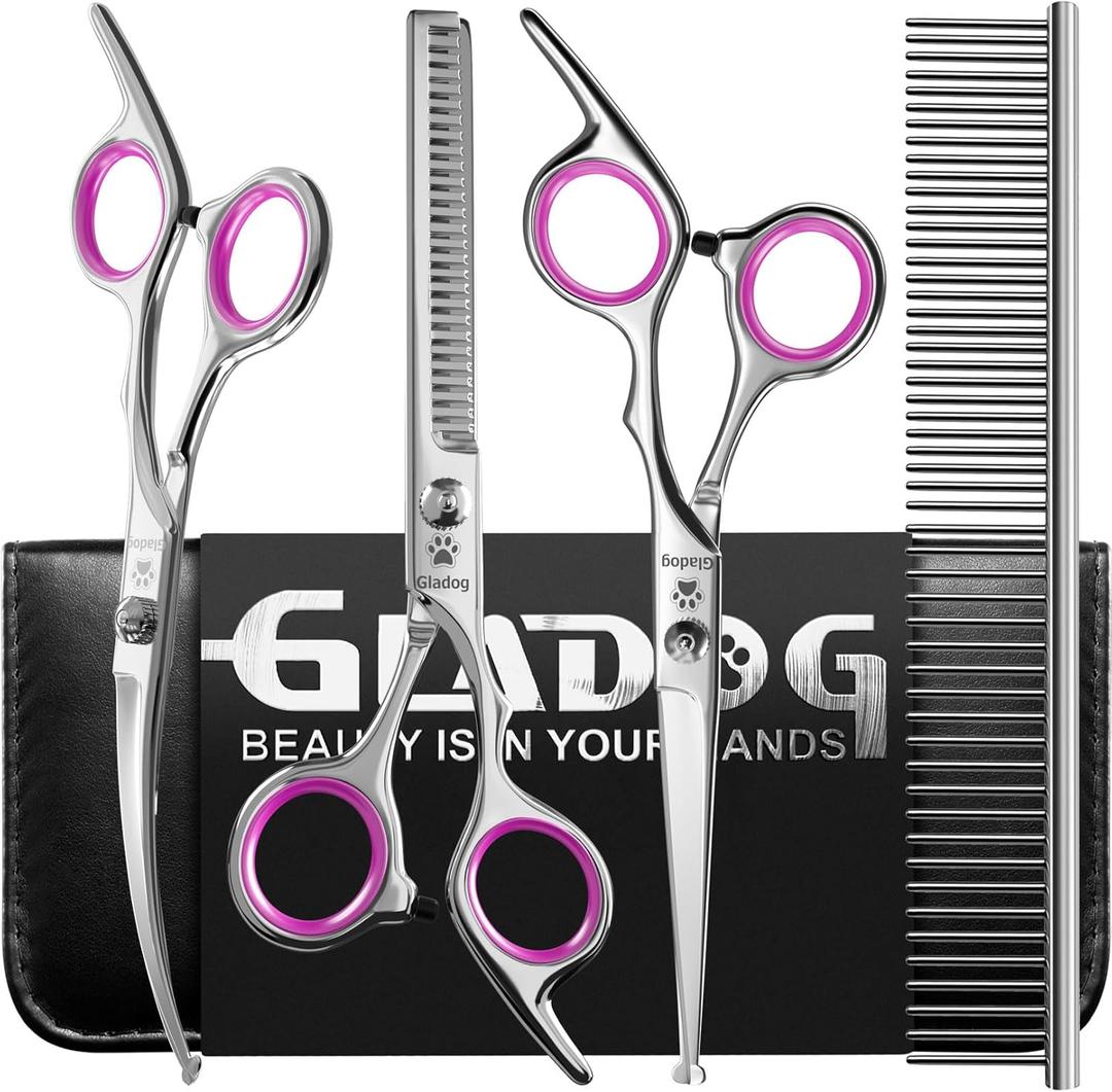 GLADOG Professional 5 in 1 Dog & Cat Grooming Scissors Set with Safety Round Tips, Sharp and Heavy-duty Pet Grooming Shears for Cats (Red)