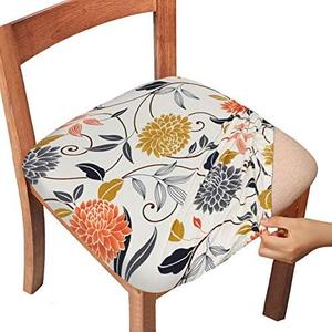 Gute Stretch Printed Chair Seat Covers with Elastic Ties and Button, Removable Washable Dining Upholstered Chair Protector Seat Cushion Slipcovers for Dining Room, Office (Flower, Pack-8)