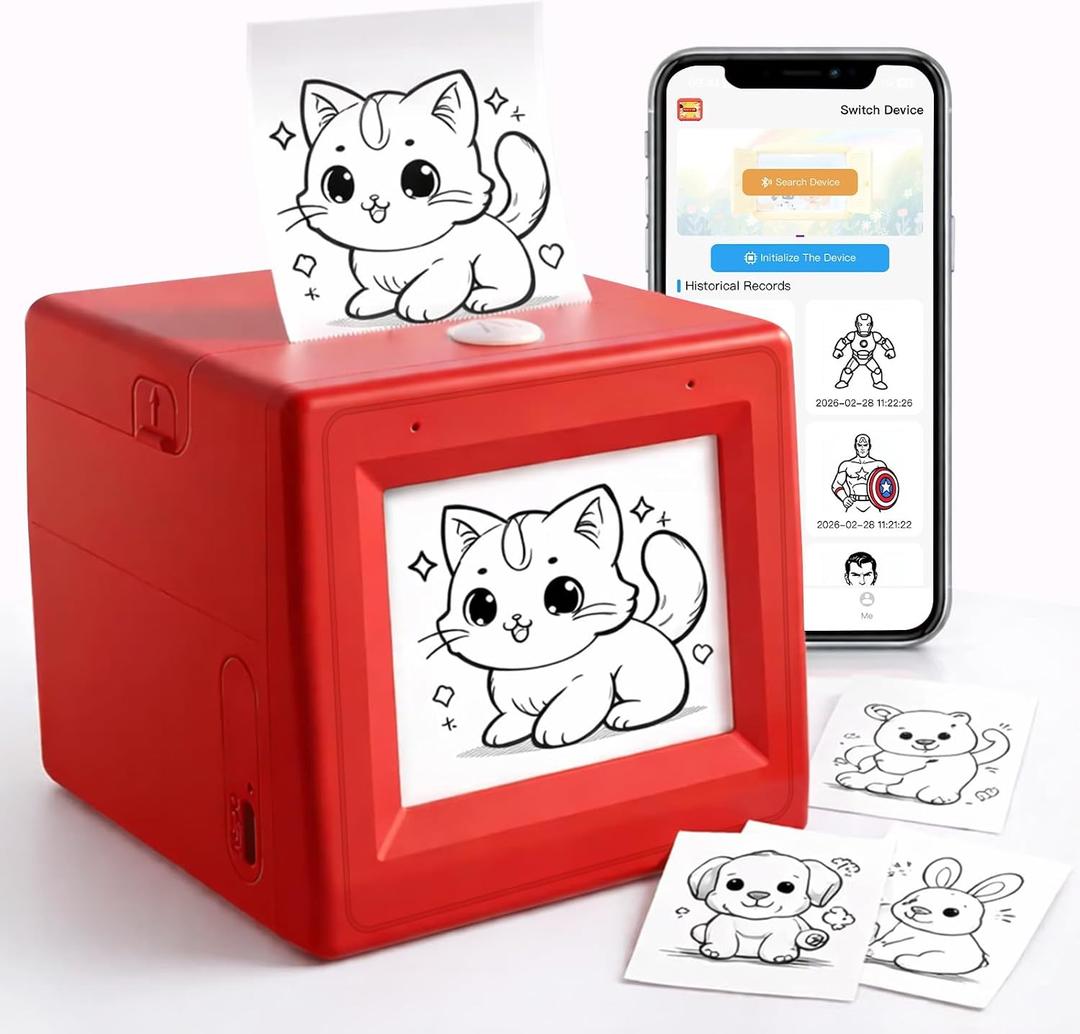 AI Smart Voice Sticker Printer Box, Smart Thermal Sticker Printer with Voice Control & Display, Inkless Portable Mini Printer for DIY, Study & Creative Fun, Includes 5 Rolls of Paper