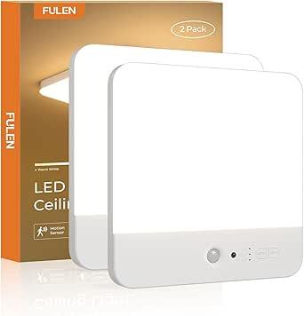 FULEN Motion Sensor Ceiling Light Fixture, Cordless Closet Light Battery Operated, Rechargeable Magnetic Mount LED Shower Light for Bathroom,Stairs,Garage,Hallway, Color Change, 2 Pack