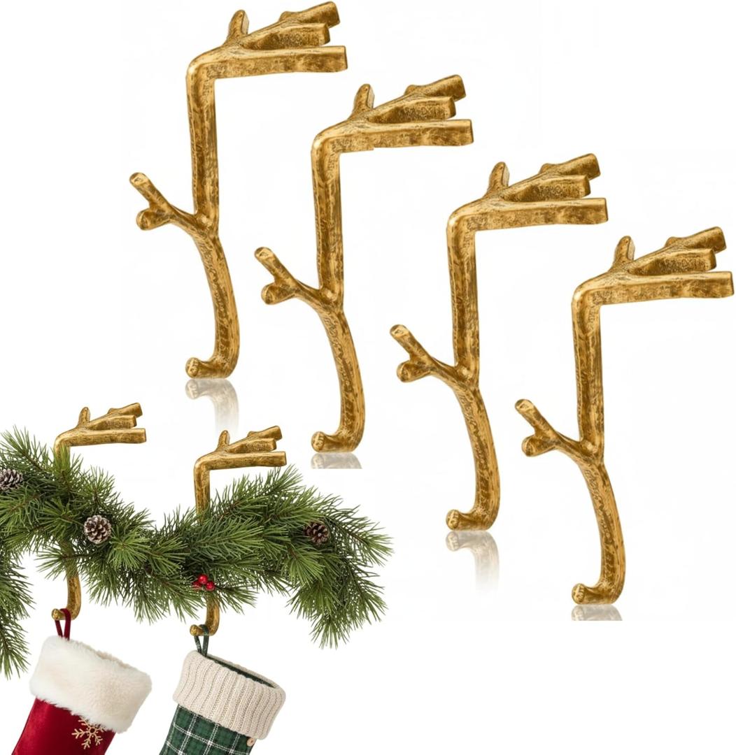 Vicenpal 4 Pcs Fireplace Stocking Garland Hanger for Mantel 2 in 1 Christmas Stocking Holder Two Hooks Durable Wrought Iron Metal Hanger with Padded for Holiday Xmas Home Shelf Decor (Retro Brass)