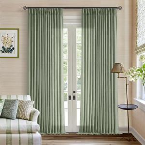 Pinch Pleated Green Linen Curtains 96 Inches Long for Living Room Bedroom Light Filtering Boho Window Drape 96 inch 2 Panels with Hooks Rings 8ft Sage Green Sliding Glass Door Semi Sheer Curtain