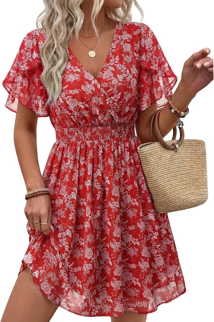 Womens Summer Ruffle Short Sleeve Dress V Neck Flowy Chiffon Layers Boho Dresses (Red, L)