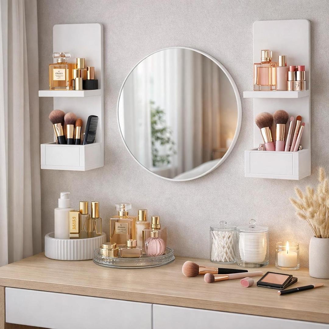 2-Tier White Floating Wall Shelf, 20x8x6 Wall-Mounted Wooden Beside Shelf/Nightstand for Home Décor, Plants, Cosmetics, Bathroom, Kitchen, Bedroom Storage (White with Box)