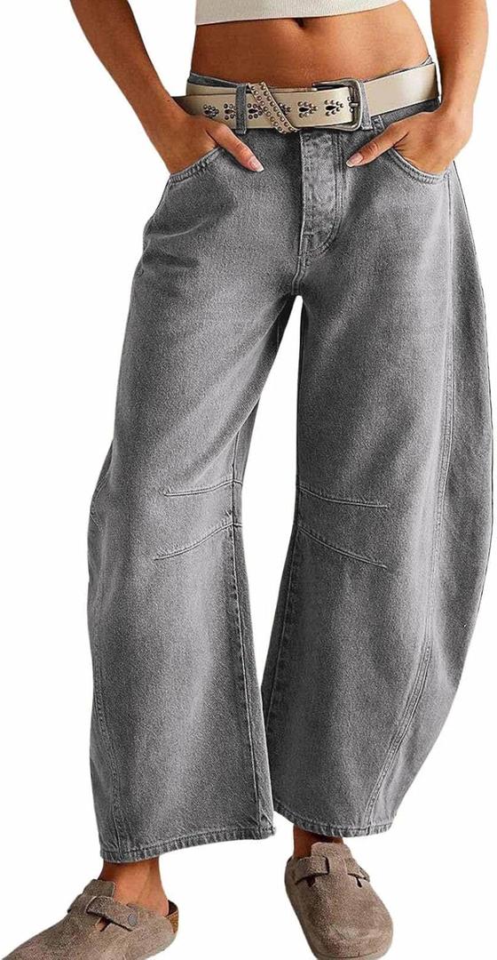 CHARTOU Women's Wide Leg Cropped Baggy Y2k Mid Rise Jeans - Boyfriend Harem Denim Pants (Grey), XS