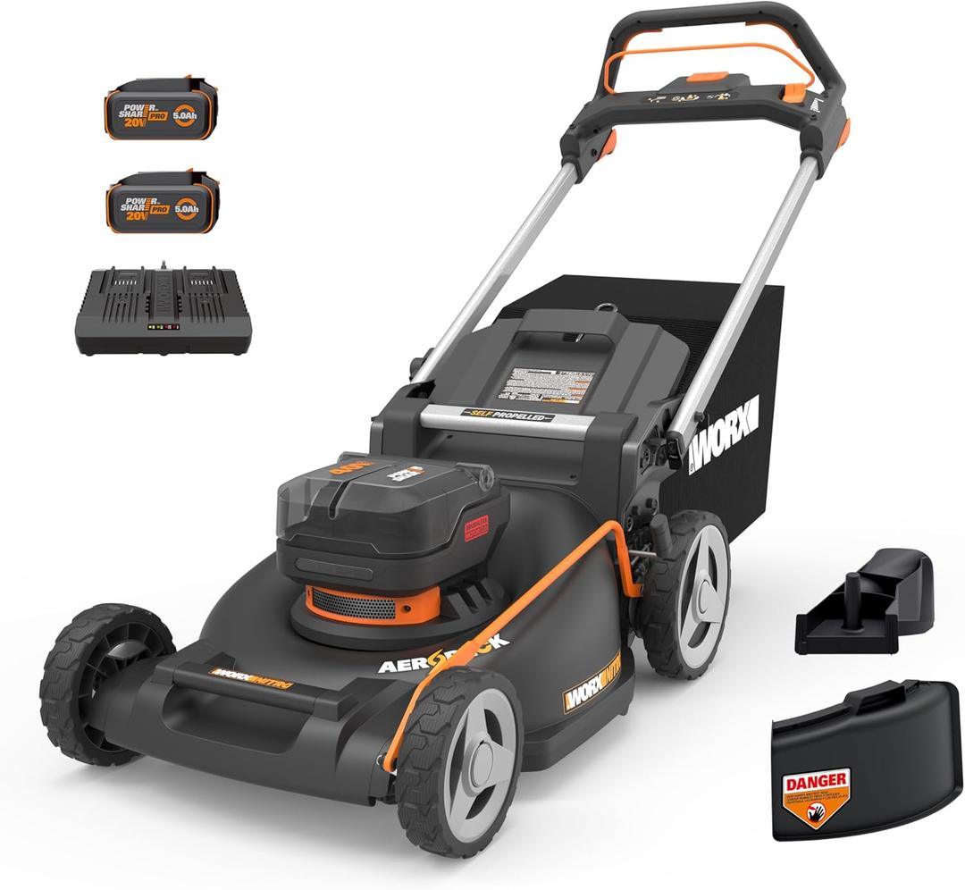 WORX Nitro 21" Cordless Lawn Mower, Electric Mower with Variable Speed, Self-propelled Lawn Mower with Aerodeck & Intellicut, 2  5.0 Ah Batteries & Charger Included, WG760