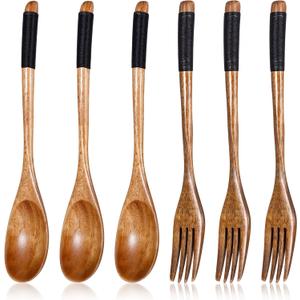 6 PCS Kitchen Wood Dinner Flatware Tableware Set, Wooden Spoon and Fork for Eating Utensil Set Wooden Utensils for Eatings, Reusable Bamboo Eat Utensils for Cooking Eating Kitchen
