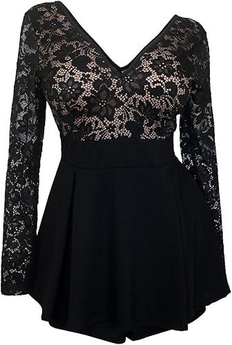 eVogues Plus Size Lace Overlay Romper Dress S, Black