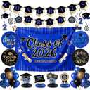 Graduation Decorations Class of 2026 Grad Party Supplies Set Blue Black Gold 40pcs with Luxurious Congrats Backdrop Banner Hanging Swirls Foil Latex Balloons Cap Centerpieces