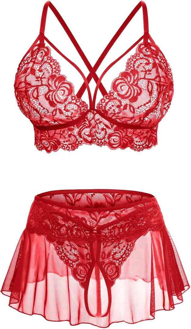 Sexy Lingerie for Women Naughty 3 Piece Lace Bralette, Mini Skirt with G-String Crotchless Lingerie Outfits (Medium, Red)