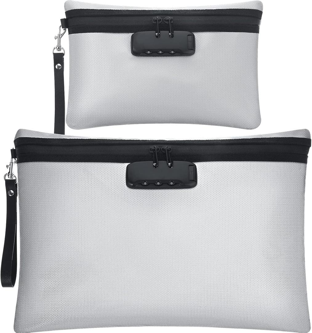 Nezyo Fireproof Safe Money Document Bag with Lock 2 Pcs Notary Journal Waterproof Bag with Zipper for A4 Storage Pouch File Passport Tablet, 14 x 10 Inch and 6.7 x 10 Inch(Grey)