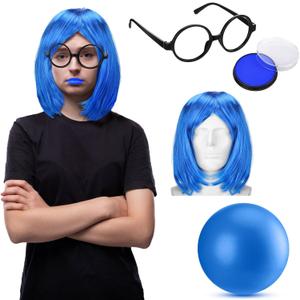 Halloween Cosplay Costume Include Blue Bob Wig Black Glasses Blue Face Paint and Ball Short Bob Wig for Women Royal Hair with Bangs Cosplay for Halloween Costume