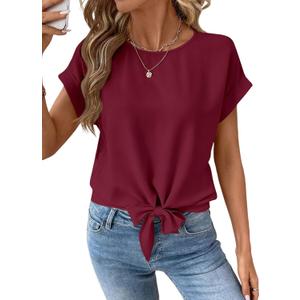EVALESS Womens Tops Summer Cap Sleeve Tie Front Shirts 2026 Business Casual Work Blouses (Large, Red Dahlia)