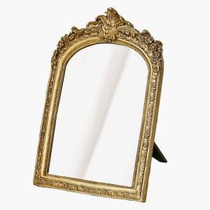 Small Gold Vintage Vanity Desk Makeup Mirror Antique Decorative Wall Mirror, Resin Carved Arch Table Mirror with Stand for Living Room, Bedroom Dresser, Desktop Decor 10.2" x 7"