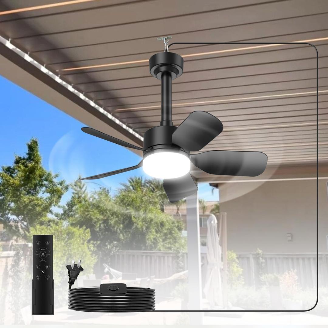 Small Ceiling Fan with Light & Remote, 20" 30W 2000 Lumens 3 Colors 3000K-6500K 6-Speed Outdoor Fans for Patios,Gazebos and Canopy, Portable Plug in Ceiling Fan Light for Garages, Camping, RV, Tents.