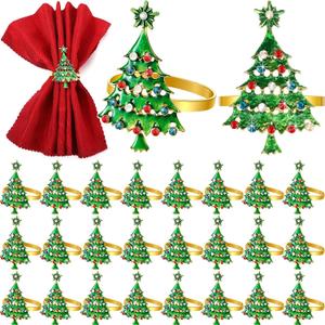 Outus Christmas Napkin Rings Set of 24 Christmas Tree Napkin Holder Rings Holiday Table Settings for Xmas Party Dinner Wedding Table Decoration