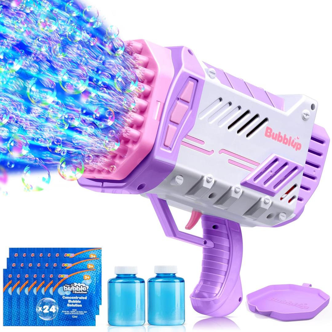 Sloosh Bubble Machine Gun W/Solution for Kids Ages 4-8, Light-Up Bazooka Rocket Shape Bubble Guns Blaster for Outdoor, Summer Toys Gifts, Party, Wedding, Easter (Purple)