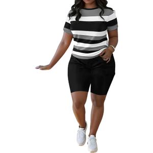 HBQ Women Two Piece Outfits Summer Sweatsuits Bodycon Track Suits Biker Short Workout Jogger Sets Stripe (XX-Large)