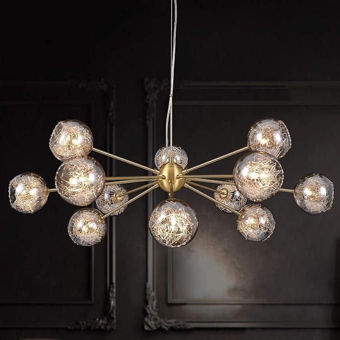 Sputnik Chandeliers Modern Glass Bubble Chandelier Wired Aluminum Pendant Lighting W37.4 12-Light Brushed Brass Ceiling Fixture for Dining Room Foyer Kitchen Island Bedroom Living