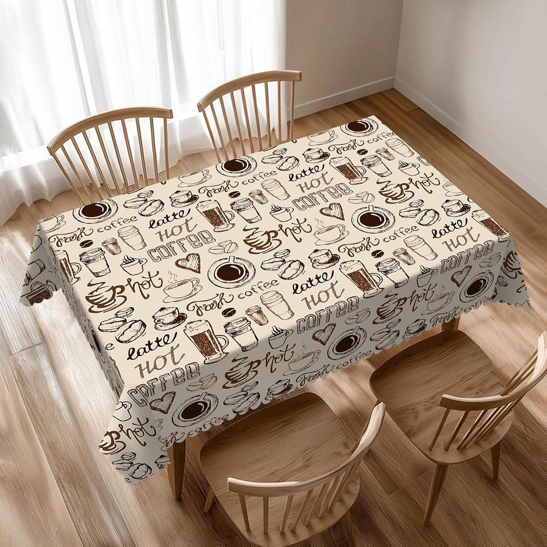 Coffee Print Tablecloth Rectangle Table Cloths for Dining Tables, Love Coffee Cup Beans Tablecloths Reusable Tabletop Decoration Table Covers for Kitchen,Holiday,Picnic,Party, 54x72 Inch (Brown)