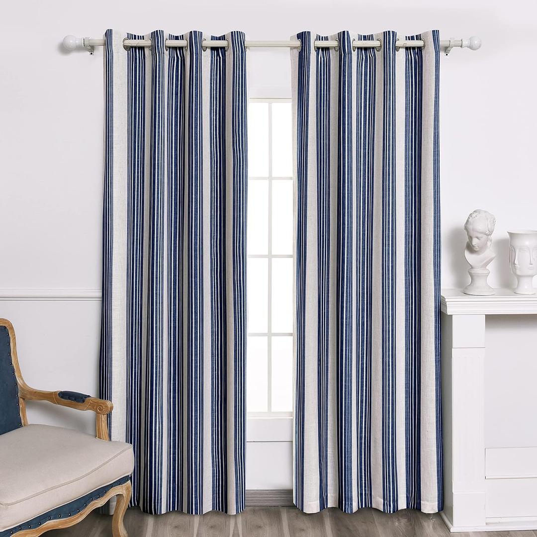 DriftAway Chris Linen Blackout Curtains with Thermal and Sound Reducing Layer 84 Inches Long for Bedroom Striped Printed Drapes Thermal Insulated Lined Window Treatments for Living Room Dark Blue (52"W x 84"L (Pack of 2))