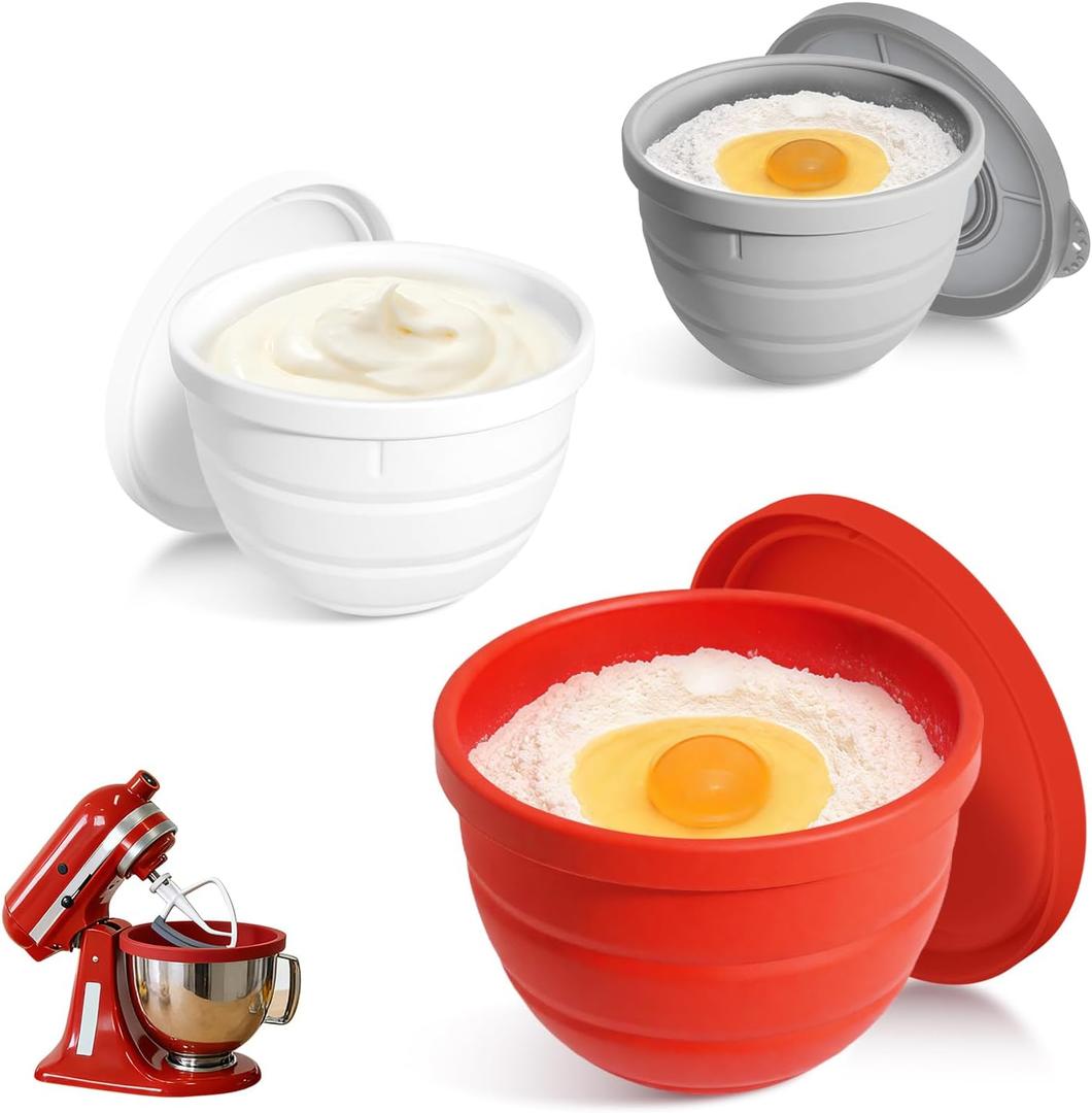 MGVK 5 Qt Foldable Tilt-Head Silicone Liners for kitchenaid Stand Mixer, Silicone Bowl Liners with Lids, Kitchen Aid Accessories and Attachments for Baking and Cooking (3pcs Grey+Red+White)