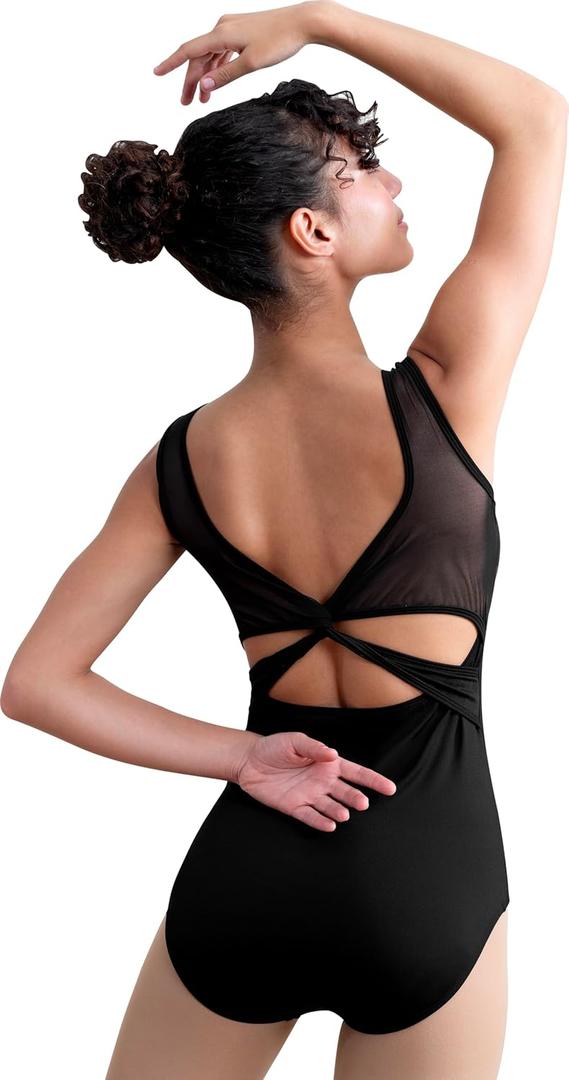 Women Long Sleeve Dance Leotard for Ballet V-Mesh Mock Neck Dancewear, Water-drop Hollow Back, Chest Lining (Medium, Black Tank)