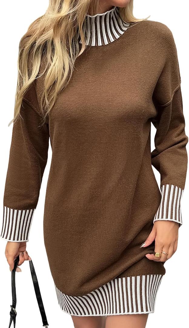 Color Block Sweater Dress for Women Mini - Long Sleeve, Mock Neck, Short Knit Dresses, Casual Fall Dresses (X-Large, Brown)