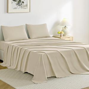 JELLYMONI Sheet Set Queen Size Set of 4 Cotton Cream Grey Easy-Fit 16 Inch Deep Pocket 100% Washed Cotton Soft Breathable (1 Fitted Sheet, 1 Flat Sheet, 2 Pillowcases)