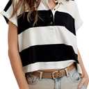 Womens T Shirts Striped Shirt Short Sleeve V Neck Button Down Cropped Tops Ladies Blouses (XL)