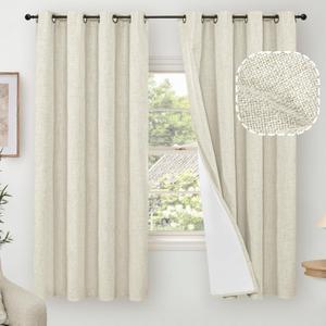 100% Blackout Curtains for Bedroom 63 Inch Length 2 Panels, Thermal Insulated Complete Light Blocking Noise Reducing Linen Window Curtains for Nursery, Bronze Grommet, Each 52" Wide, Natural