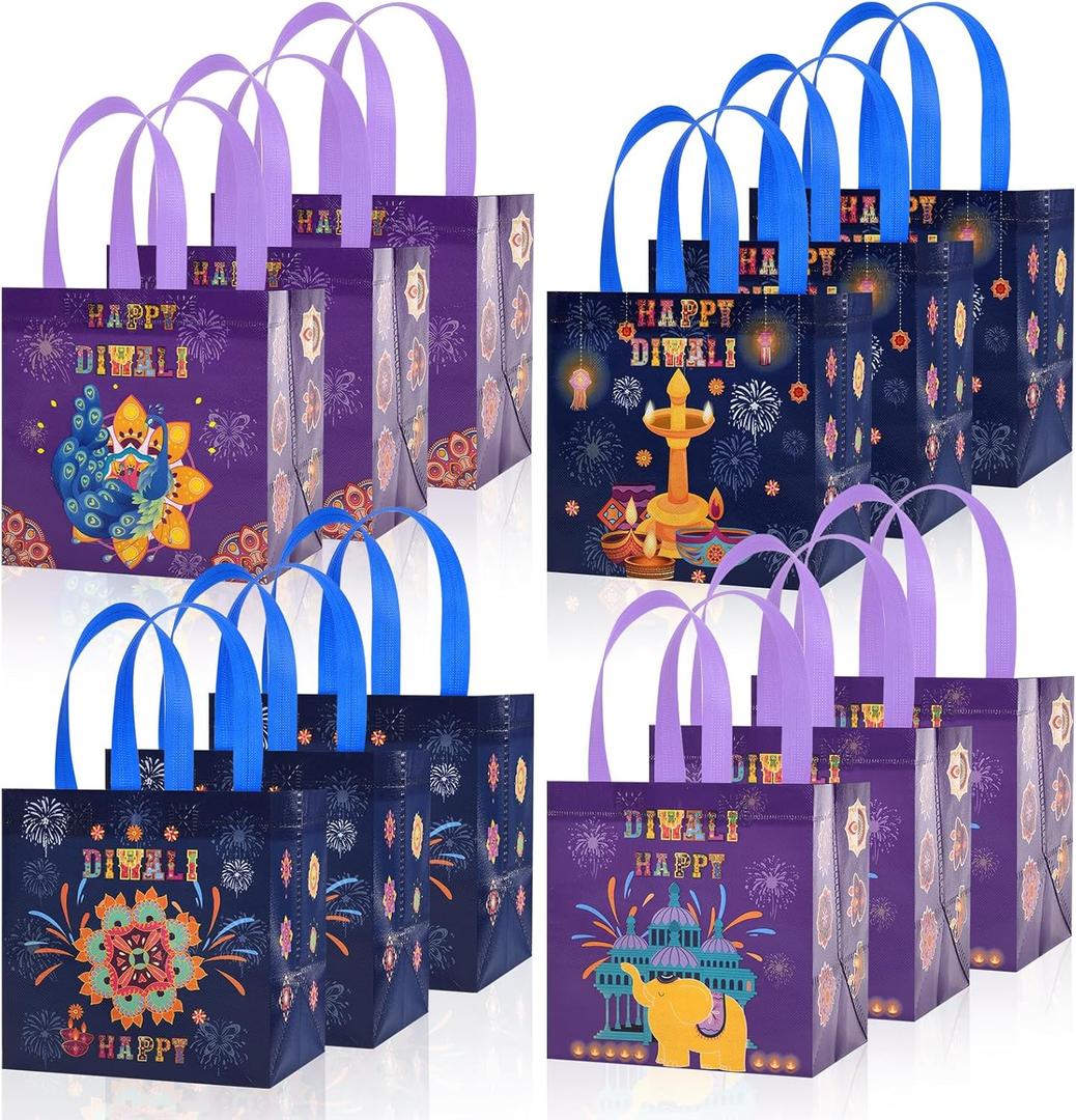 HOWAF 12Pcs Happy Diwali Gift Bags, Diwali Decoration Non-Woven Tote Bags, Festival of Lights Reusable Treat Bags with Handle for Diwali Favor Gifts Wrapping, Indian Deepavali Candy Bags