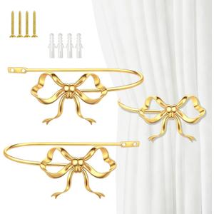 2 Pack Metal Bow Curtain Holdbacks Gold Wall Mounted Curtain Hold Backs Curtains Modern Tiebacks Decorative Window Drapery Tiebacks with Bow Finials for Living Room Bedroom Office Home